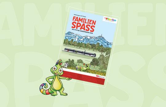 Illustration Maskottchen Thurbi hält das Kindermagazin in der Hand.
