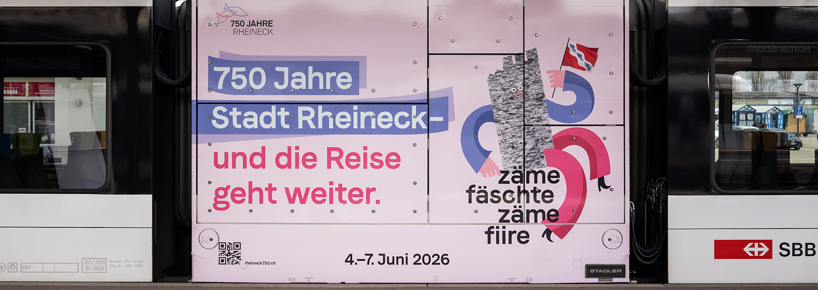 Motorblock eines Thurbo Zuges mit dem Jubiläumssujet von 750 Jahre Stadtrecht Rheineck.